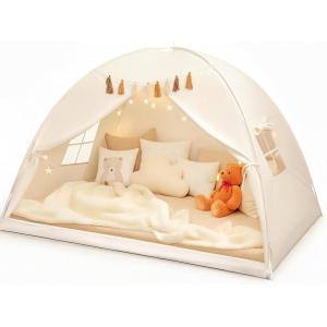Gorich Twin Bed Tent for Kids, Indoor Privacy Toddler Sleeping Canopy with Mesh Window, Fits Bunk or Floor Bed, Includes Star Lights & Tassels, Cozy Playhouse for Boys Girls Birthday(Cream)