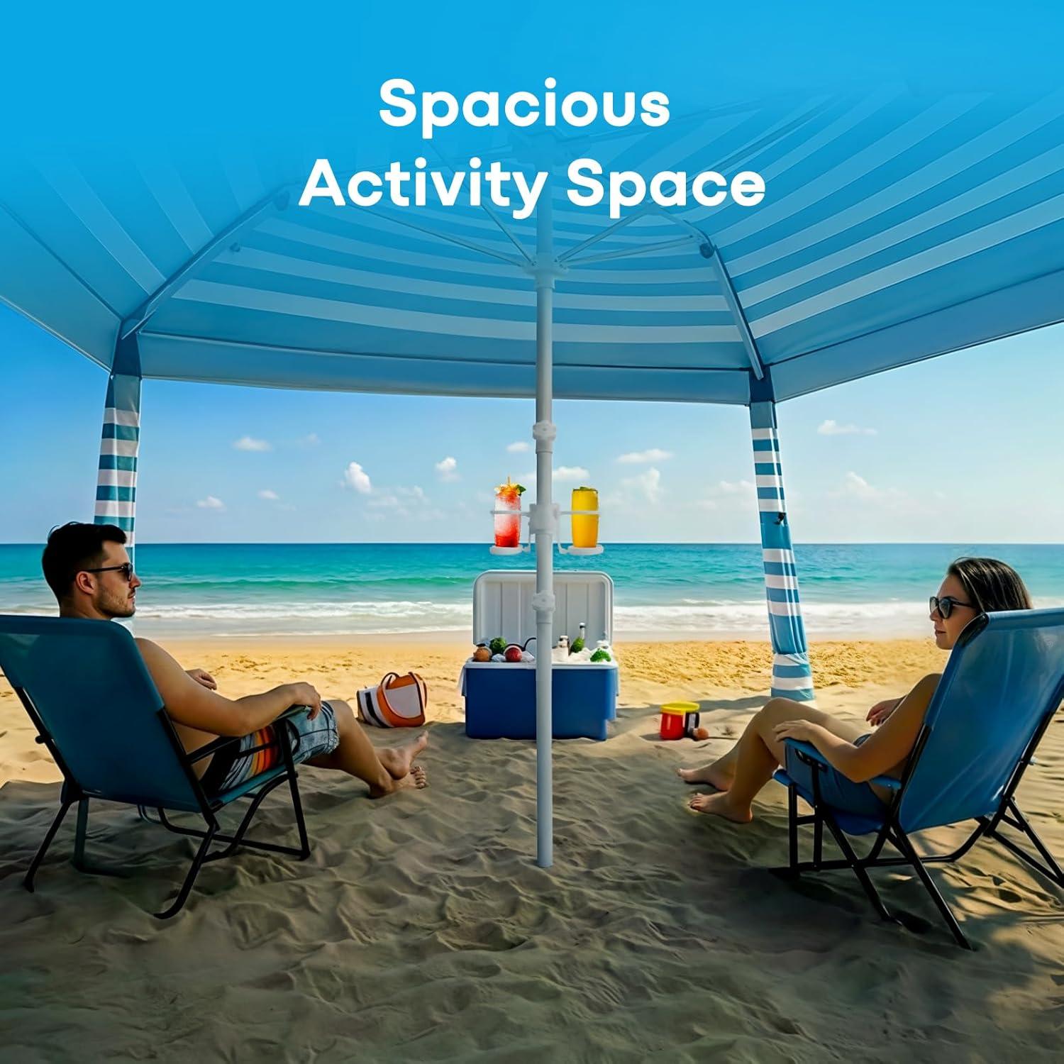 image:imageGorich Beach Cabana with UPF50 UV Protection 8x8 FT10x10 FT Beach Canopy Tent with Side Wall Easy Setup Windproof Portable Sun Shelter Shade for FamilyOcean Blue Stripe