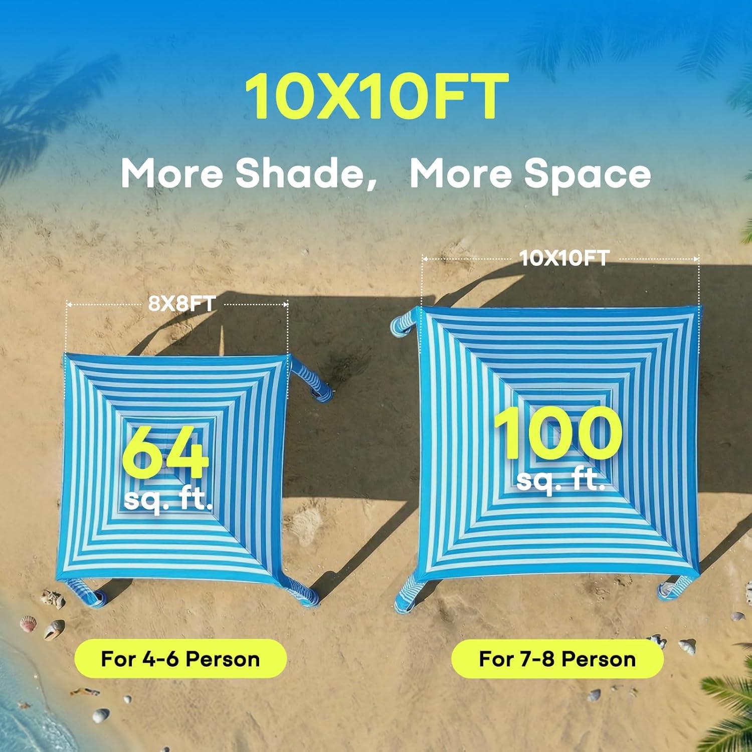 image:imageGorich Beach Cabana with UPF50 UV Protection 8x8 FT10x10 FT Beach Canopy Tent with Side Wall Easy Setup Windproof Portable Sun Shelter Shade for FamilyOcean Blue Stripe