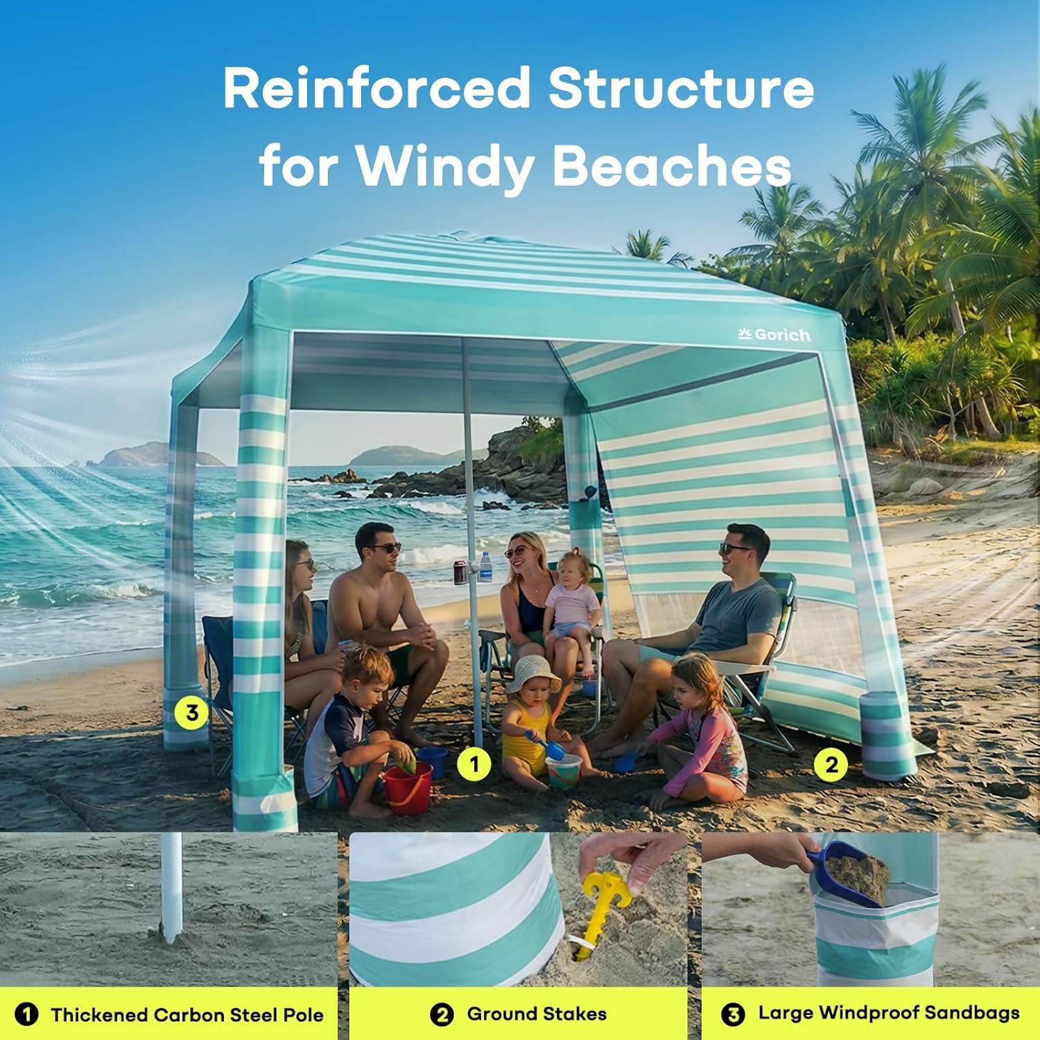 image:imageGorich Beach Cabana with UPF50 UV Protection 8x8 FT10x10 FT Beach Canopy Tent with Side Wall Easy Setup Windproof Portable Sun Shelter Shade for FamilyMint Stripe
