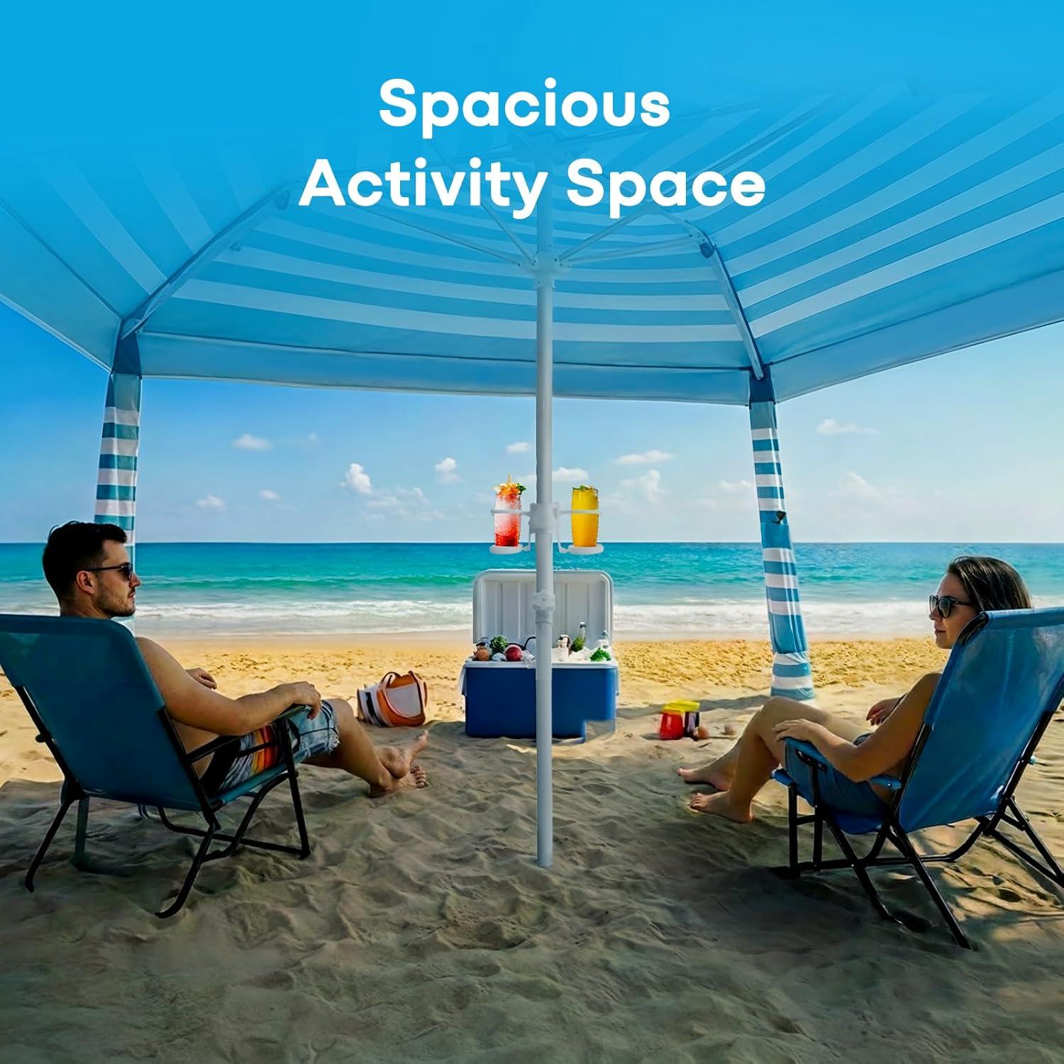 image:imageGorich Beach Cabana with UPF50 UV Protection 8x8 FT10x10 FT Beach Canopy Tent with Side Wall Easy Setup Windproof Portable Sun Shelter Shade for FamilyOcean Blue Stripe