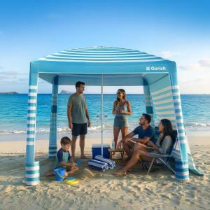 Gorich Beach Cabana with UPF50+ UV Protection, 8×8 FT/10×10 FT Beach Canopy Tent with Side Wall, Easy Setup, Windproof Portable Sun Shelter Shade for Family(Ocean Blue Stripe)