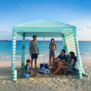 Gorich Beach Cabana with UPF50+ UV Protection, 8×8 FT/10×10 FT Beach Canopy Tent with Side Wall, Easy Setup, Windproof Portable Sun Shelter Shade for Family(Mint Stripe)