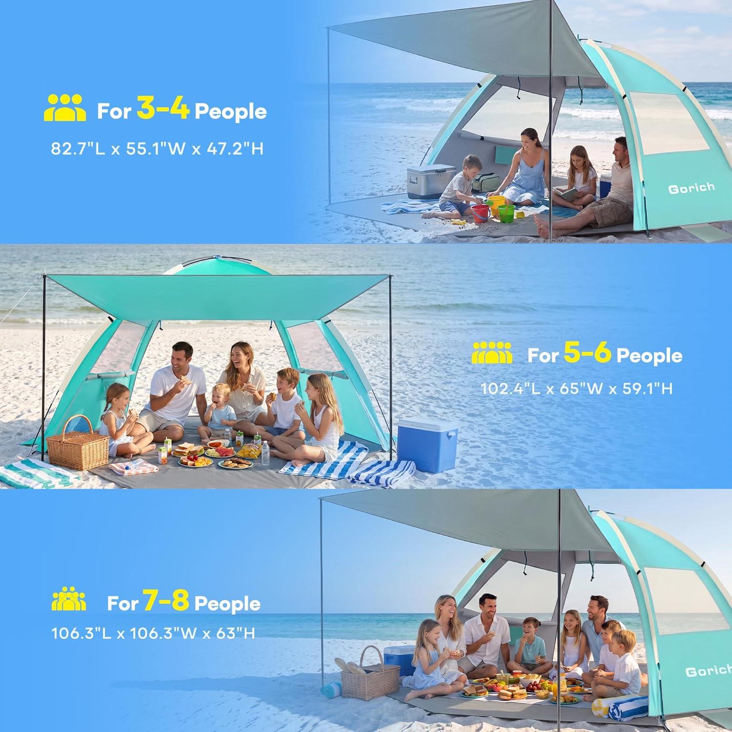 image:imageGorich Beach Tent Sun Shelter with Canopy Easy Setup UPF50 UV Protection Sun Shade for 345678 Person Lightweight amp Compact Beach Umbrella for Family TravelTurquoise